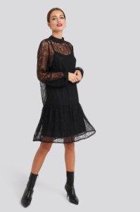 NA-KD Party Lace High Neck Balloon Sleeve Mini Dress - Black