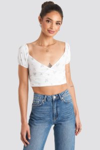 NA-KD Puff Sleeve Wrap Top - White,Multicolor