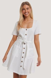 NA-KD Square Neck Linen Look Dress - White