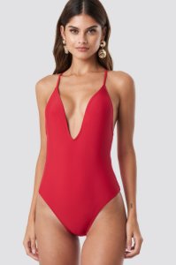 NA-KD Swimwear Tied Back Plunge Swimsuit - Red