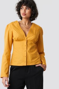 NA-KD Trend V-Neck Buttoned Front LS Top - Yellow