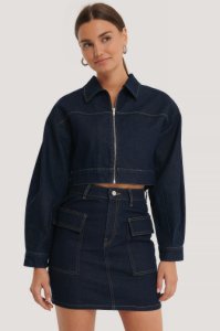 NA-KD Trend Zipped Cropped Denim Jacket - Blue
