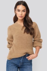 NA-KD Wide Band V-Neck Ribbed Sweater - Beige