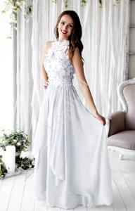 Biała długa suknia ślubna z kwiatami 3D wieczorowa