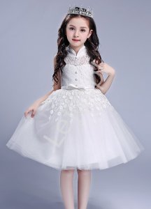 Biała sukienka dla dziewczynki tiulowo koronkowa ze stójką na komunię, chrzciny, na sypanie kwiatków
