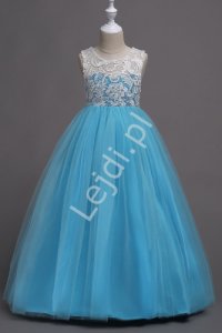 Błękitna długa sukienka dla dziewczynki, tiulowa z białą koronką 007