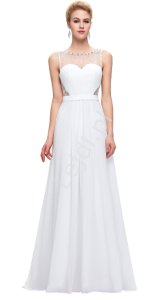 Delikatna biała długa suknia wieczorowa drapowana na gorsecie