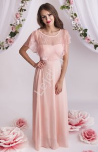 Długa jasno różowa suknia szyfonowa z koronką osłaniającą ramiona a'la bolerko 1303