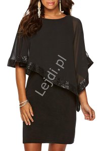 Elegancka czarna sukienka z szyfonowym bolerkiem zdobiona cekinami 518