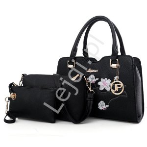 Elegancka czarna torebka z wyszytym modnym wzorem kwiatowym + organizer + saszetka