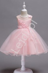Jasno różowa krótka sukienka dla dziewczynki z kwiatkami 3D 700