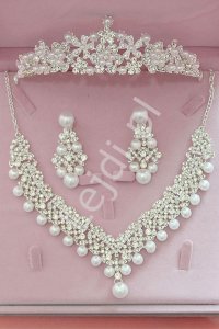 Komplet biżuterii ślubnej z cyrkoniami swarovskiego i perełkami - naszyjnik, kolczyki, diadem