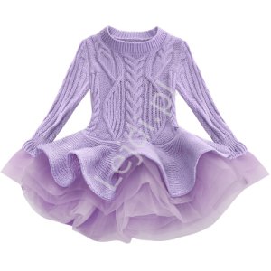 Krótka swetrowa sukienka z tiulową spódniczką, wrzosowa tunika dziecięca