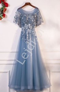 Niebieska obfita suknia tiulowa zdobiona perełkami i kwiatami 3D -388