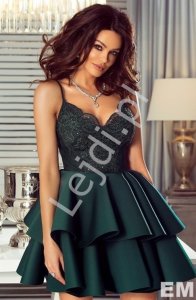 Piankowa sukienka butelkowo zielona z koronkową górą na cienkich ramiączkach- Leila
