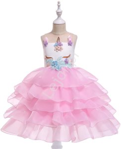 Różowa dziecięca sukienka jednorożec z falbankami na spódnicy 056