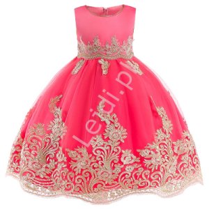 Sukienka dla dziewczynki na wesele, urodziny w kolorze arbuzowym ze złotym haftem