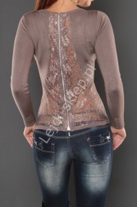 Sweter z koronka na plecach i cyrkoniami, mokka 044