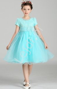 Szyfonowa turkusowa sukienka z kwiatem w pasie dla dziewczynek