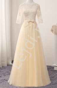 Tiulowa suknia wieczorowa zdobiona gipiurową koronką w kolorze szampana Donna