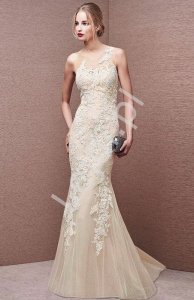Wieczorowa luksusowa suknia z ręcznie wszywaną gipiurą - Demi 002 szampańska