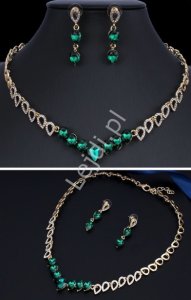 Zestaw biżuterii z szmaragdowymi kryształkami w kształcie łezki, naszyjnik + kolczyki
