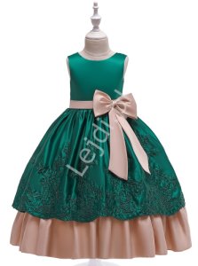 Zielona sukienka dla dziewczynki z beżowymi kokardkami 220