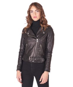 Black belted wrinkled goat leather perfecto jacket