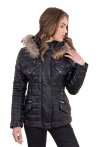 Black blue hooded nappa lamb leather jacket parka style