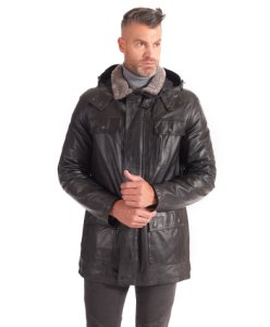 Black hooded nappa lamb leather coat flap pockets