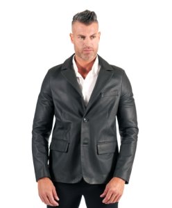 Black nappa lamb leather blazer jacket two buttons