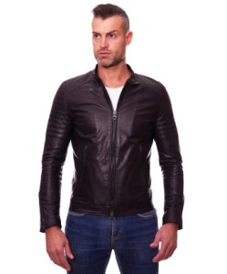 Black washed nappa lamb leather biker jacket topstitched on shoulders