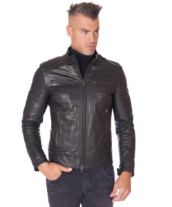 Black wrinkled goat leather biker jacket four zipper pockets