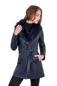 Blue belted nappa lamb leather coat fur collar