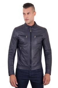 D'arienzo - Blue nappa lamb leather biker jacket four zipper pockets