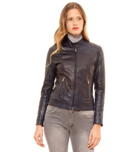 D'arienzo - Blue nappa lamb leather biker jacket two pockets