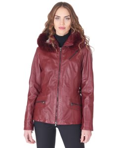 Bordeaux fur hooded leather jacket parka style