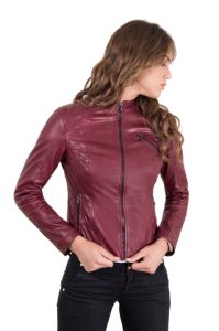 Bordeaux quilted lamb leather biker jacket with zipper pockets