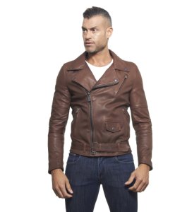 Brown belted natural lamb leather perfecto jacket