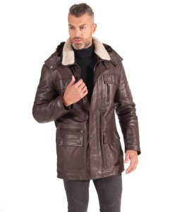 Brown hooded lamb leather coat four flap pockets