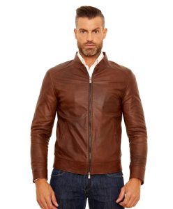 Brown nappa lamb leather biker jacket two magnet closure pockets