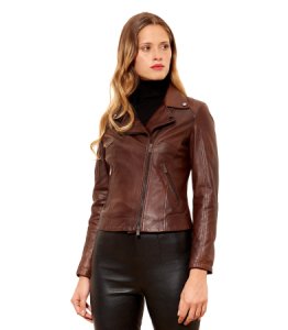 Brown natural lamb leather perfecto jacket cross zipper