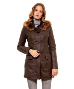 Dark brown hooded natural lamb leather coat