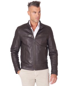 Dark brown natural lamb leather biker jacket four zipper pockets