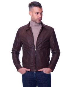 D'arienzo - Dark brown natural lamb leather biker jacket shirt collar