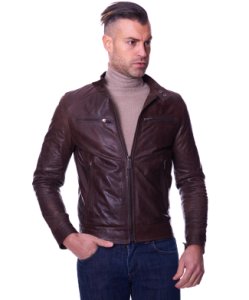 Dark brown pull up lamb leather biker jacket four zipper pockets