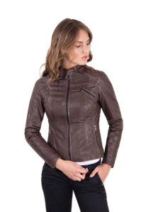 Dark brown quilted lamb leather biker jacket with zipper pockets