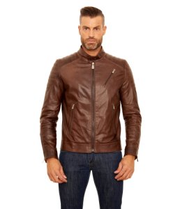 Dark brown quilted pull up lamb leather biker jacket three zipper pockets
