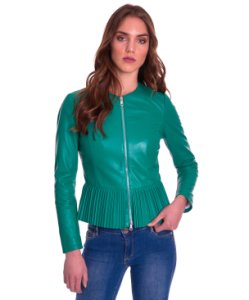 Green nappa lamb leather jacket with pinch pleats