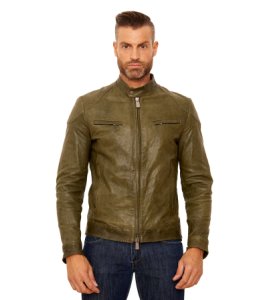 D'arienzo - Green washed nappa lamb leather biker jacket quilted yoke